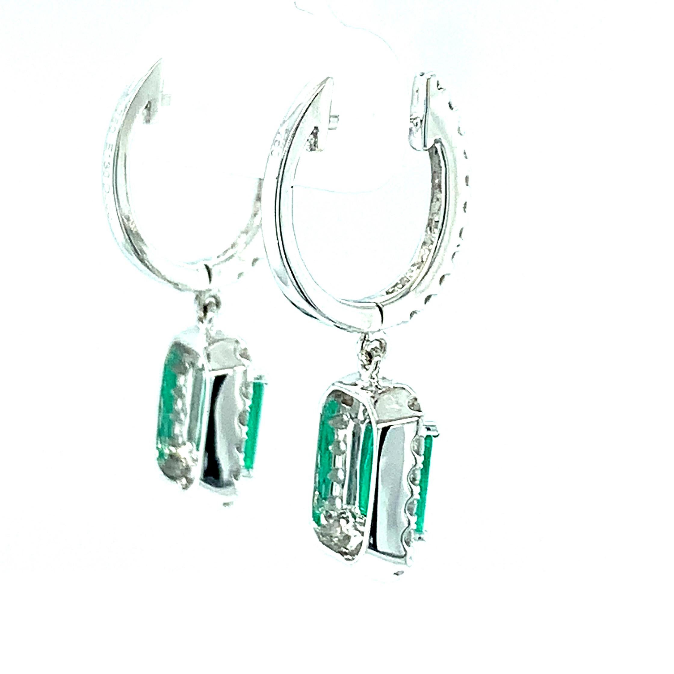 Artisan Emerald Cut Emerald & Diamond Halo White Gold Dangle Post Drop Dangle Earrings 
