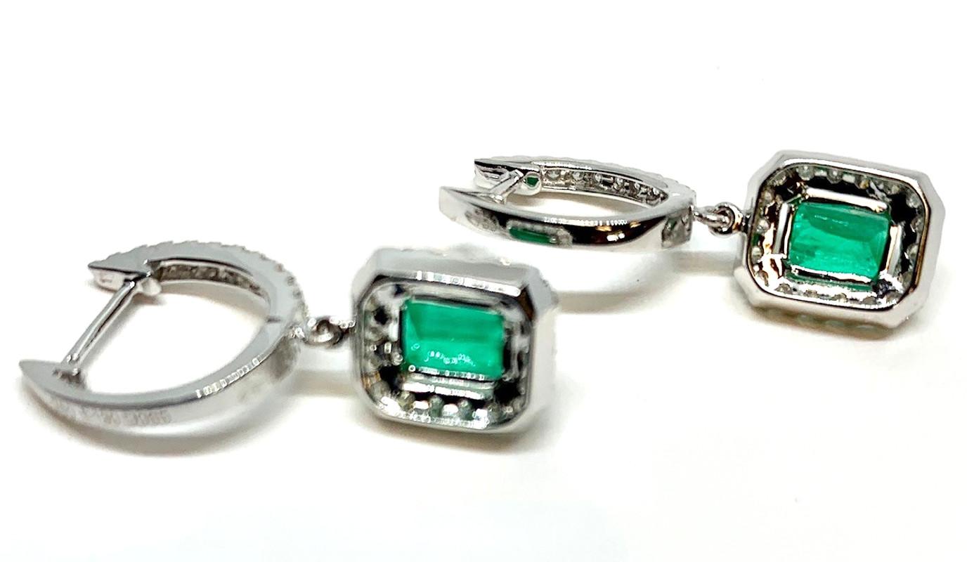 Emerald Cut Emerald & Diamond Halo White Gold Dangle Post Drop Dangle Earrings  1