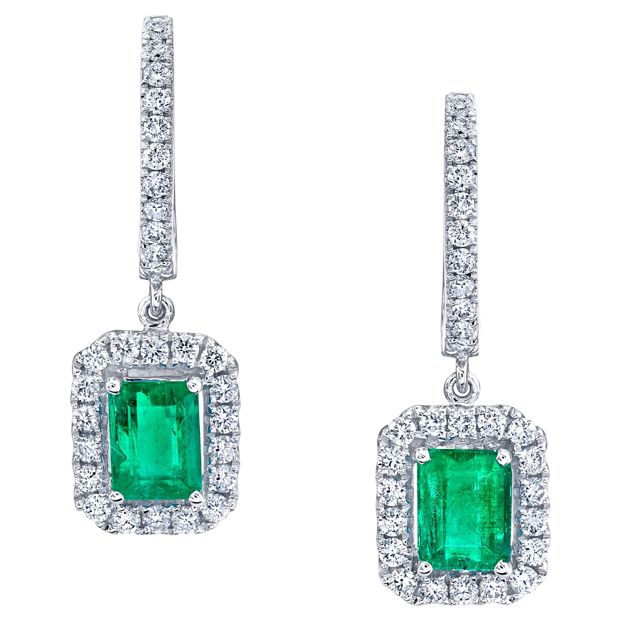 Emerald Cut Emerald & Diamond Halo White Gold Dangle Post Drop Dangle Earrings 