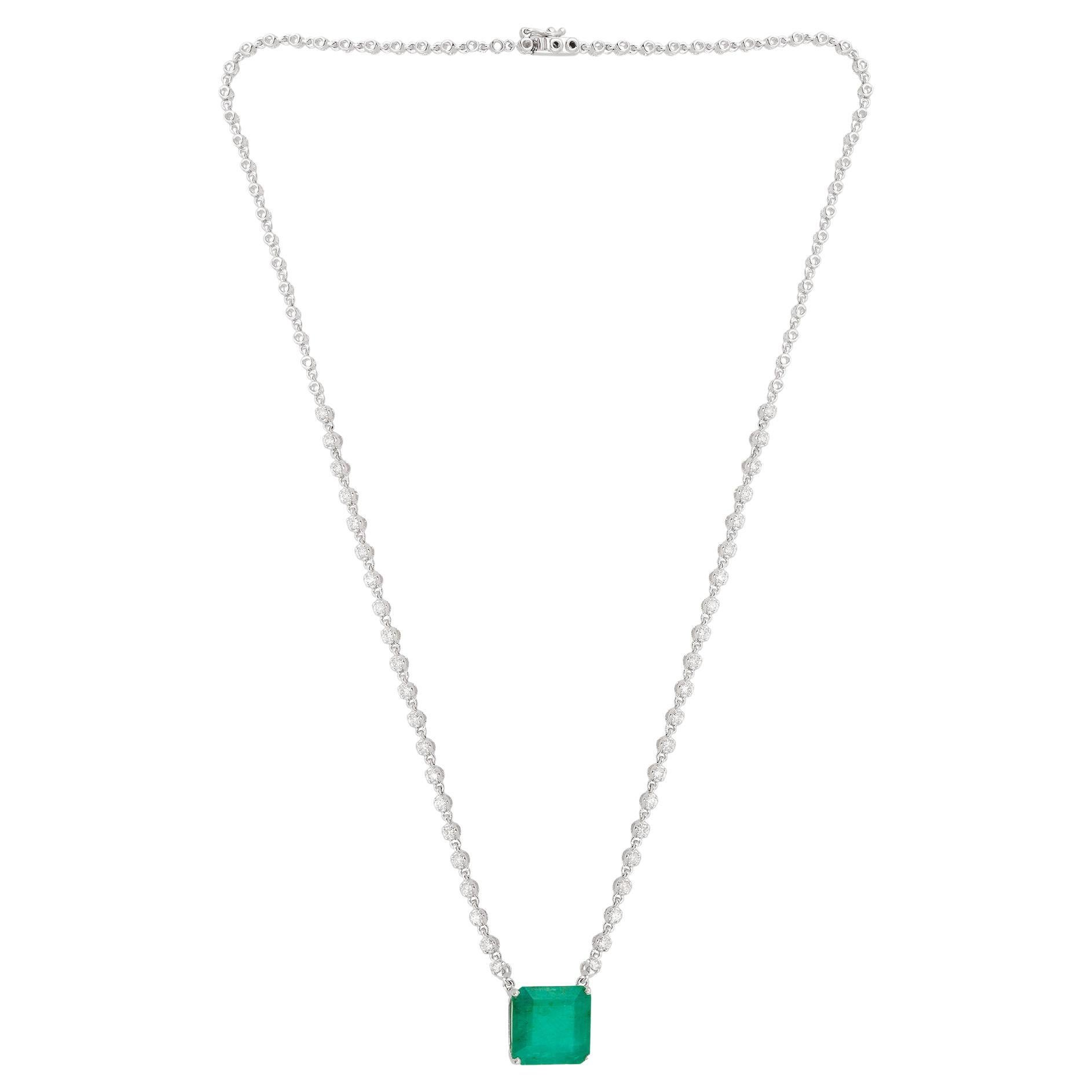 Emerald Cut Emerald Diamond Pendant Necklace 18 Karat White Gold Fine Jewelry