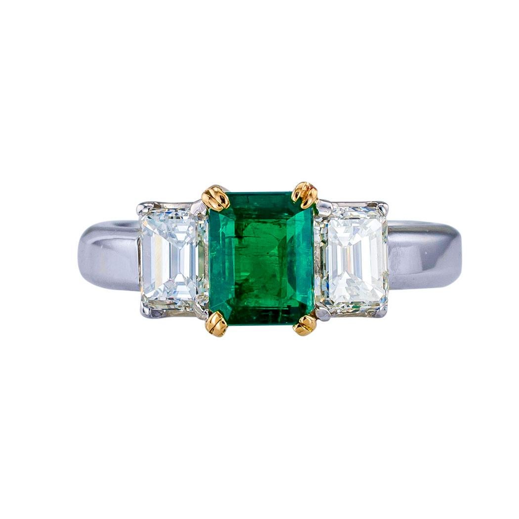 Contemporary Emerald Cut Emerald Diamond Platinum Yellow Gold Ring