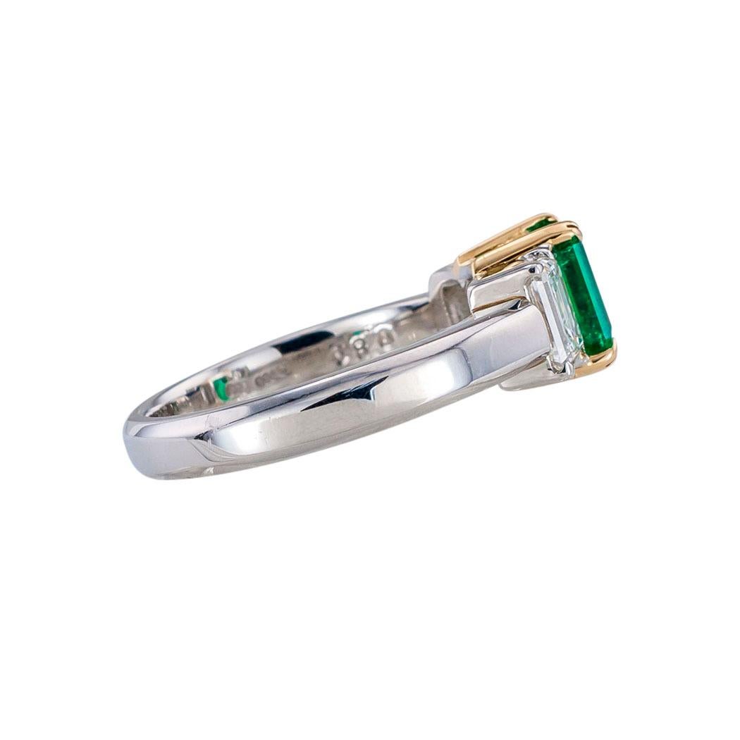 Emerald Cut Emerald Diamond Platinum Yellow Gold Ring In Good Condition In Los Angeles, CA