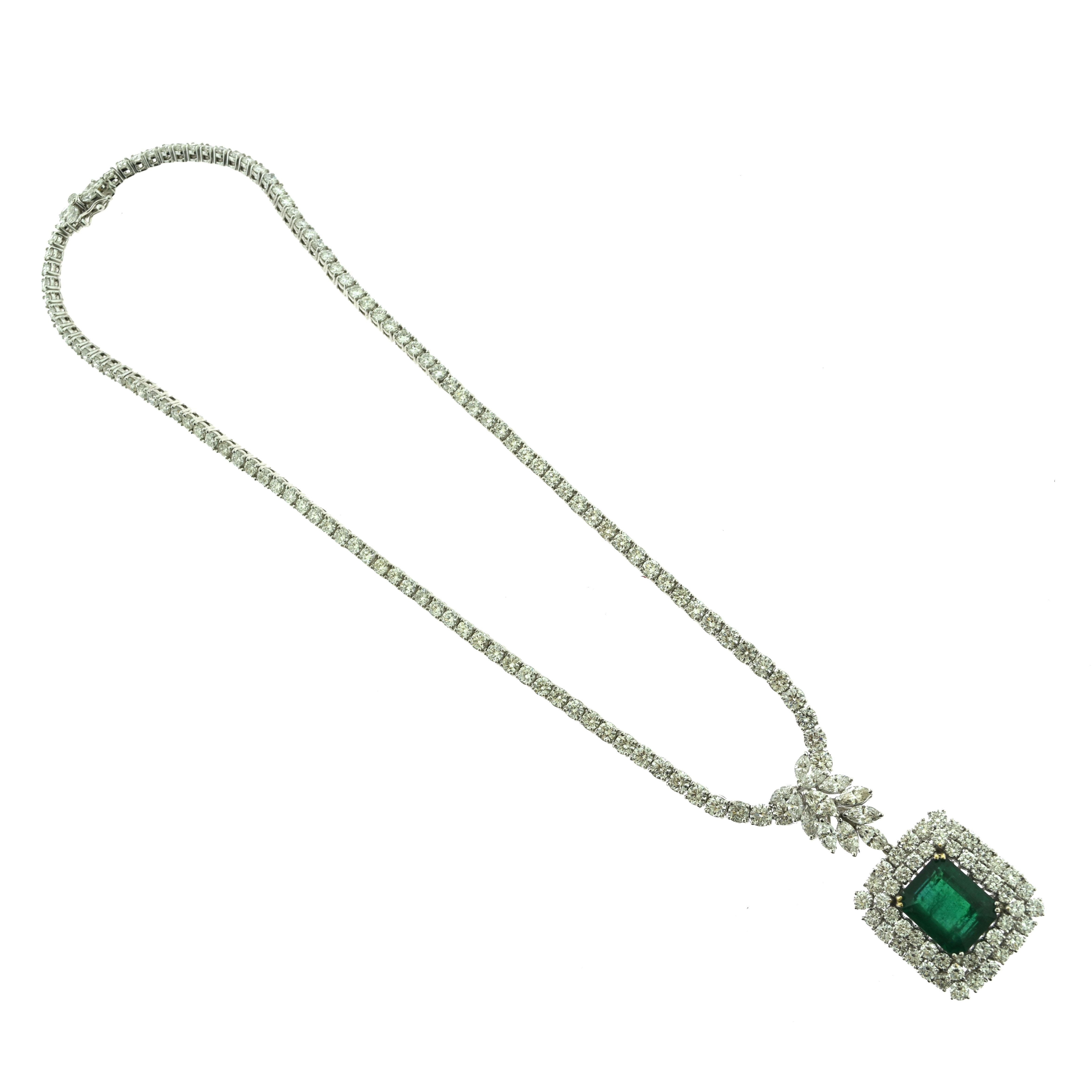 Brilliance Jewels, Miami
Questions? Call Us Anytime!
786,482,8100

Era: Art Deco
Metal: 18k White Gold
Emerald Carat Weight: approx. 9.5ct
Diamond Carat Weight: approx. 30 ct
Necklace Length: 15 inches
Pendant Dimensions: approx. 1 inches
Pendant