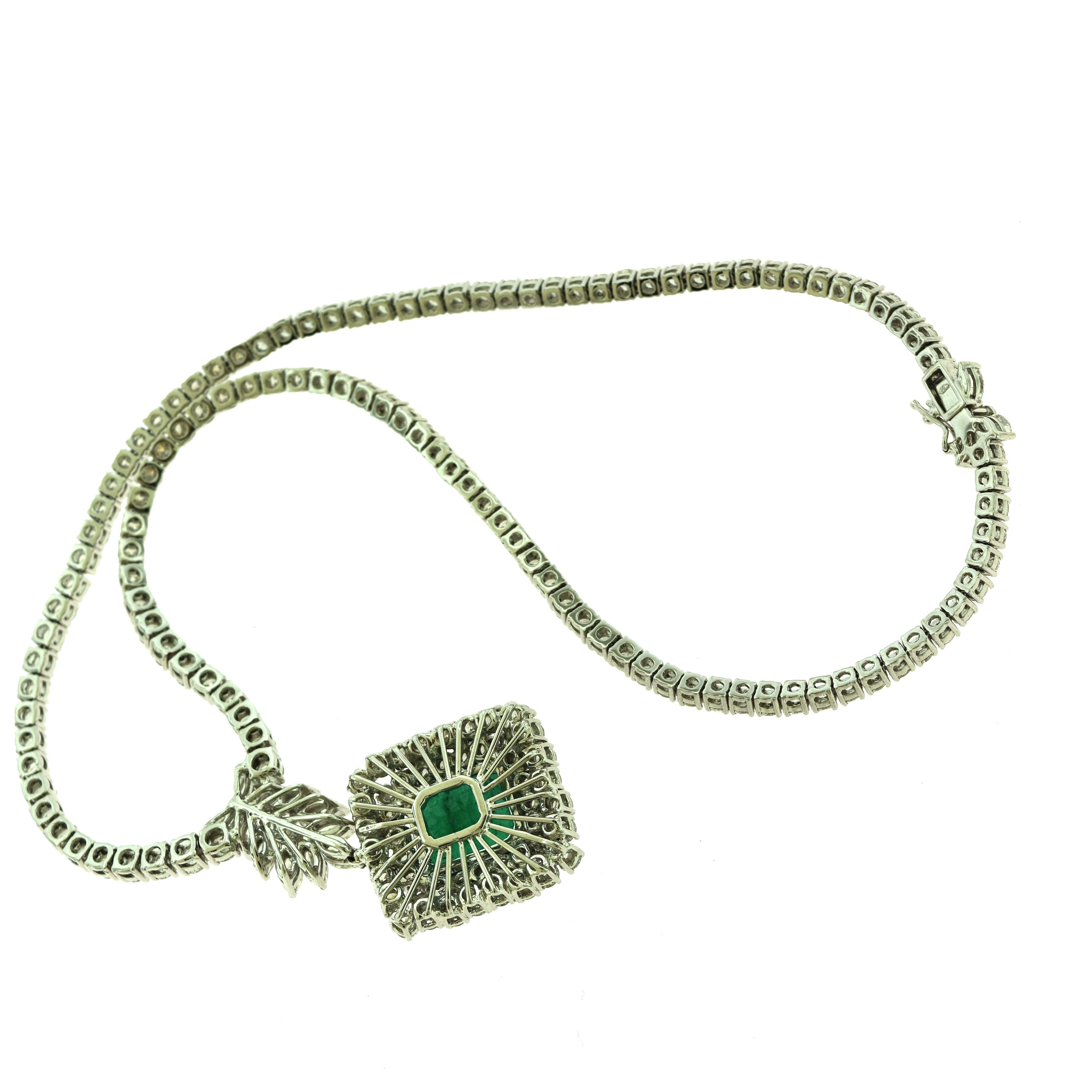 Emerald Cut Emerald and Diamond Statement Art Deco Pendant White Gold Necklace In Good Condition In Miami, FL