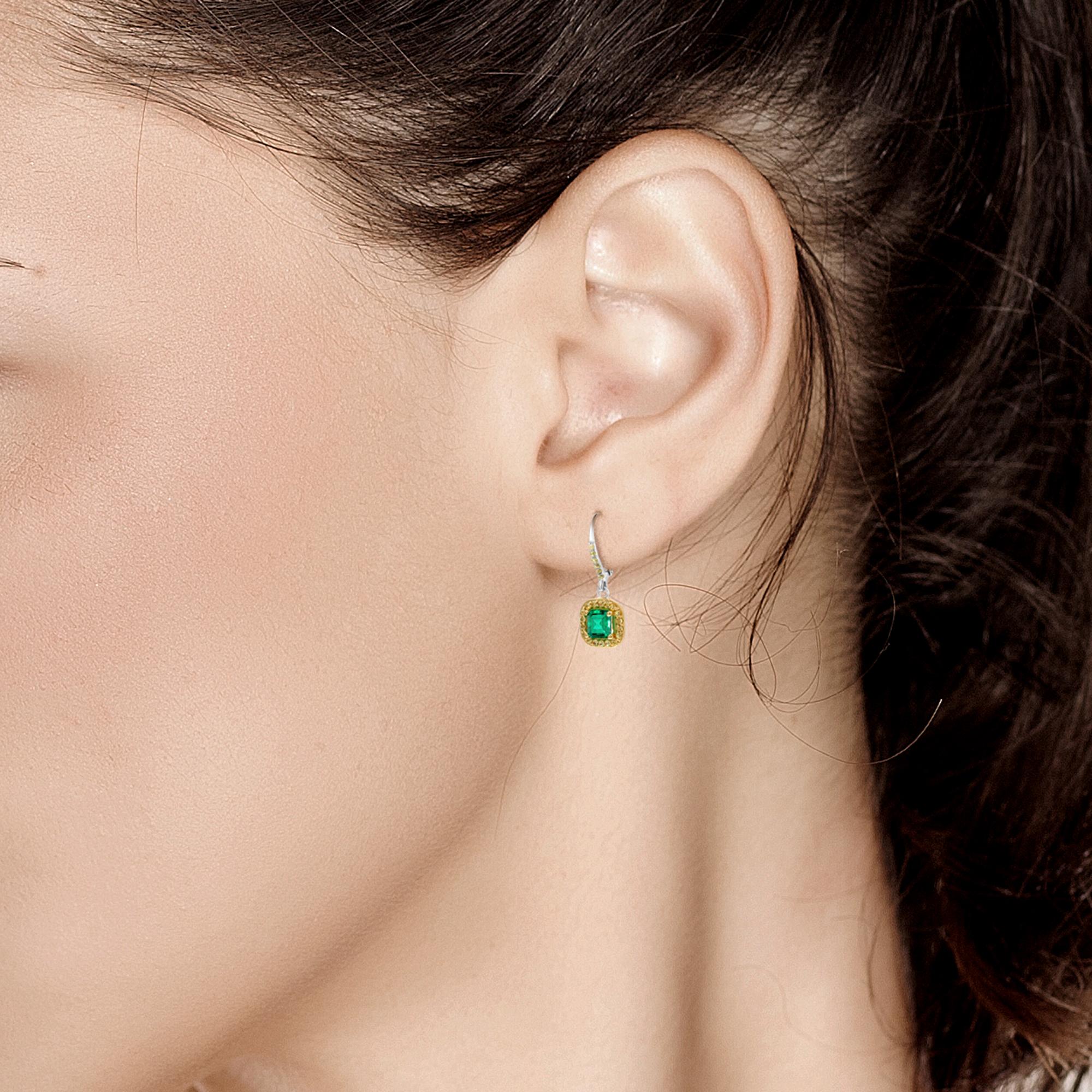 Contemporary Emerald Cut Emerald Drop Hoop Earrings Weighing 1.85 Carat