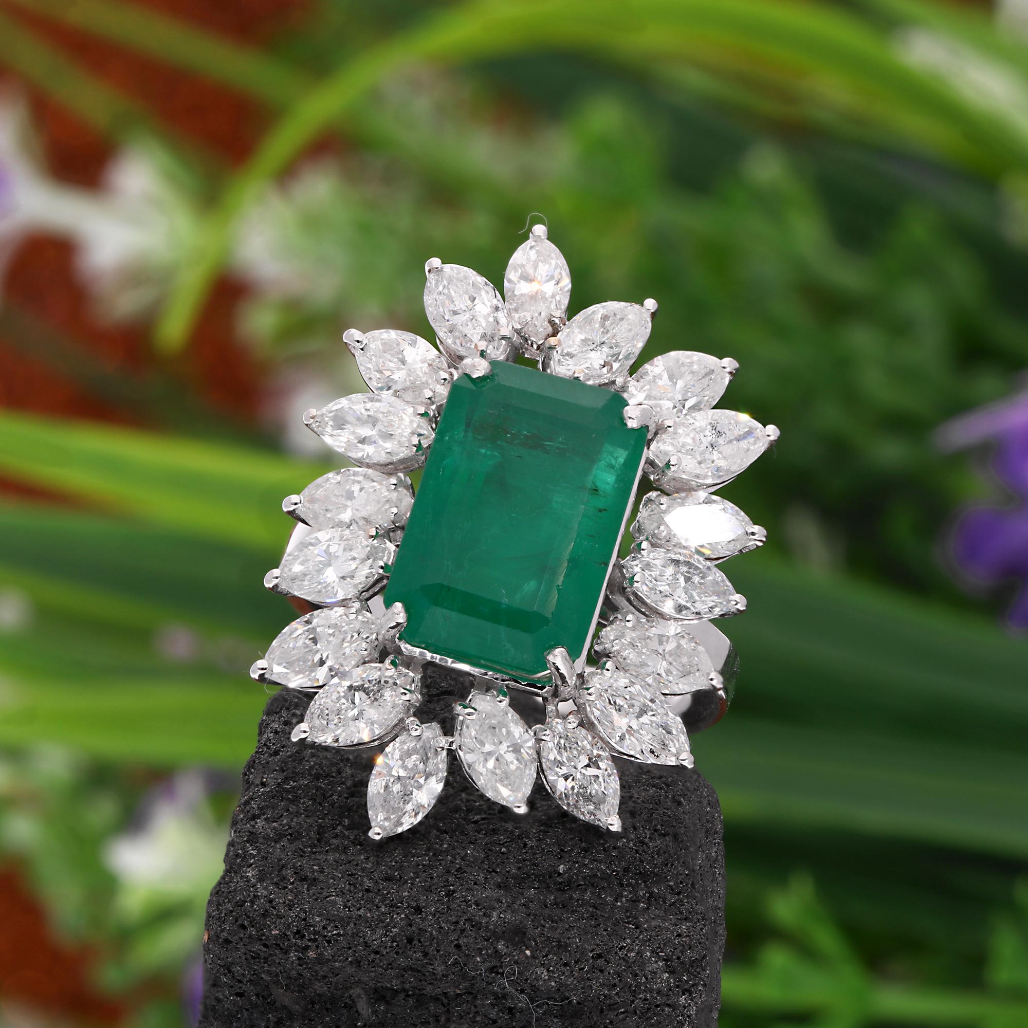 For Sale:  Emerald Cut Emerald Gemstone Cocktail Ring Marquise Diamond 18 Karat White Gold 4