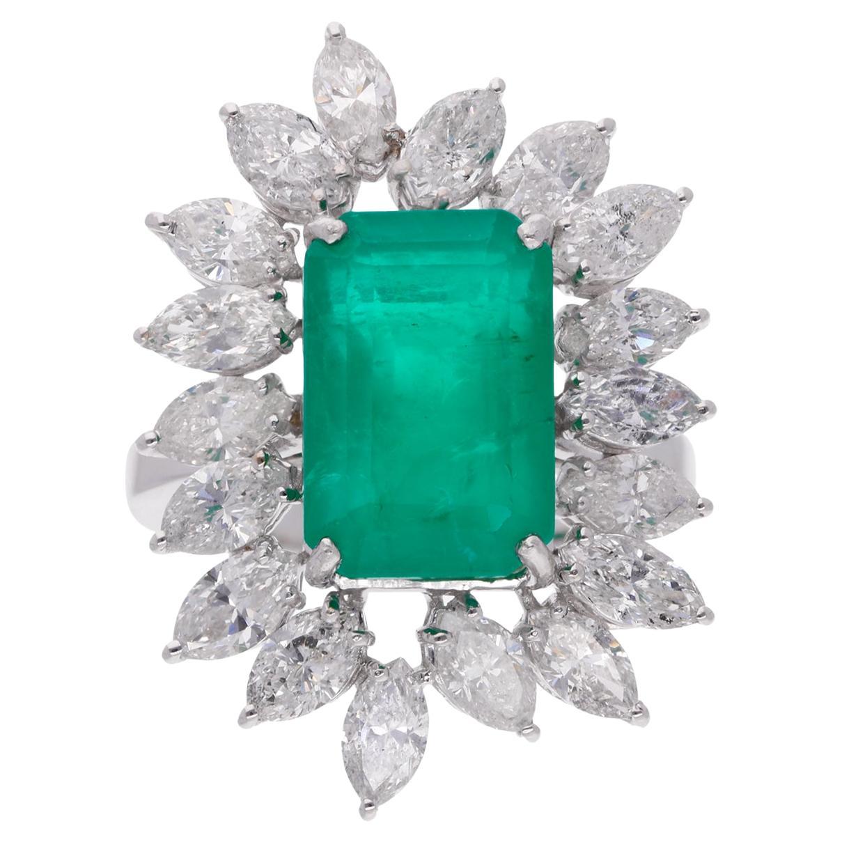 For Sale:  Emerald Cut Emerald Gemstone Cocktail Ring Marquise Diamond 18 Karat White Gold
