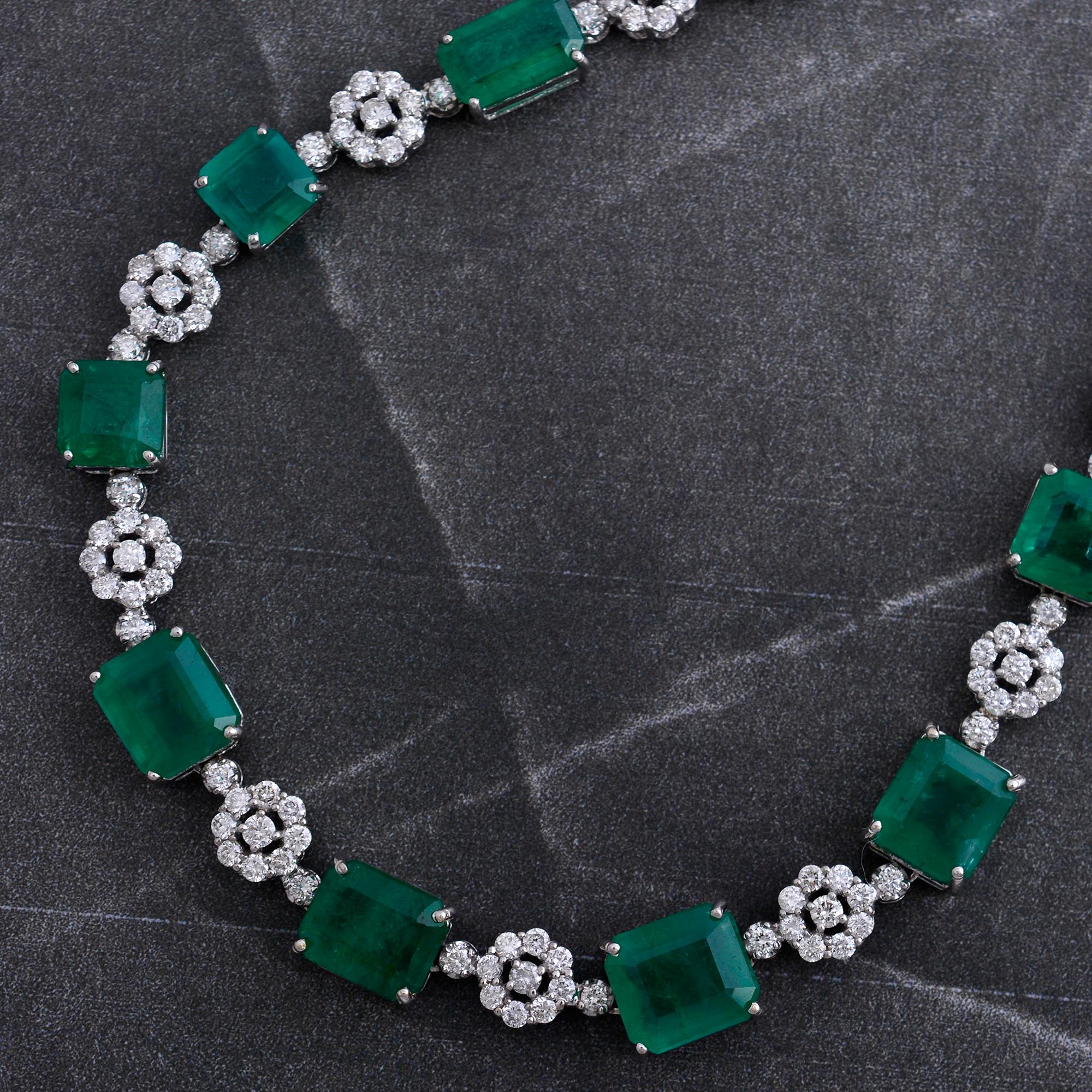 Modern Emerald Cut Emerald Gemstone Necklace Diamond 14 Karat White Gold Fine Jewelry For Sale