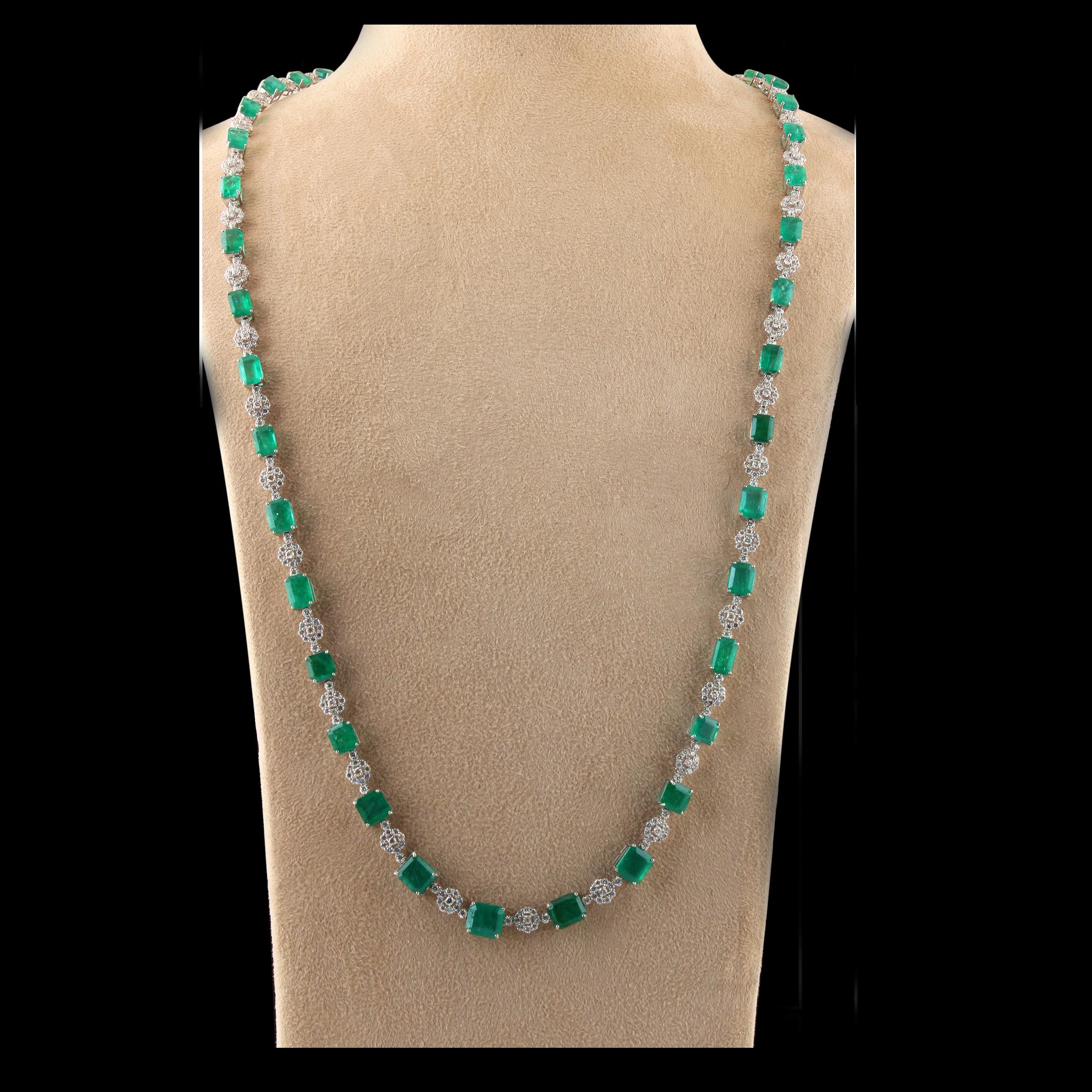 Women's Emerald Cut Emerald Gemstone Necklace Diamond 14 Karat White Gold Fine Jewelry For Sale