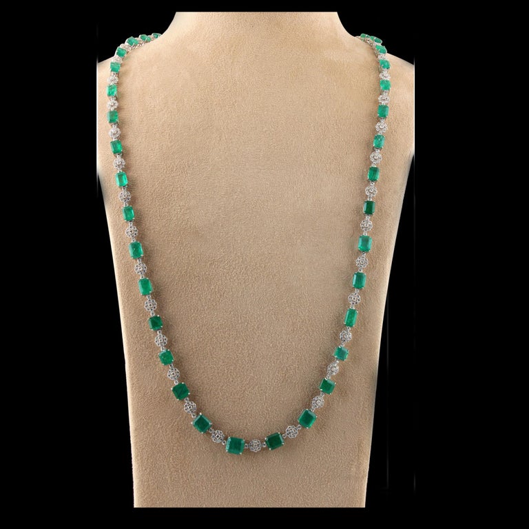 Emerald Cut Emerald Gemstone Necklace Diamond 14 Karat White Gold Fine