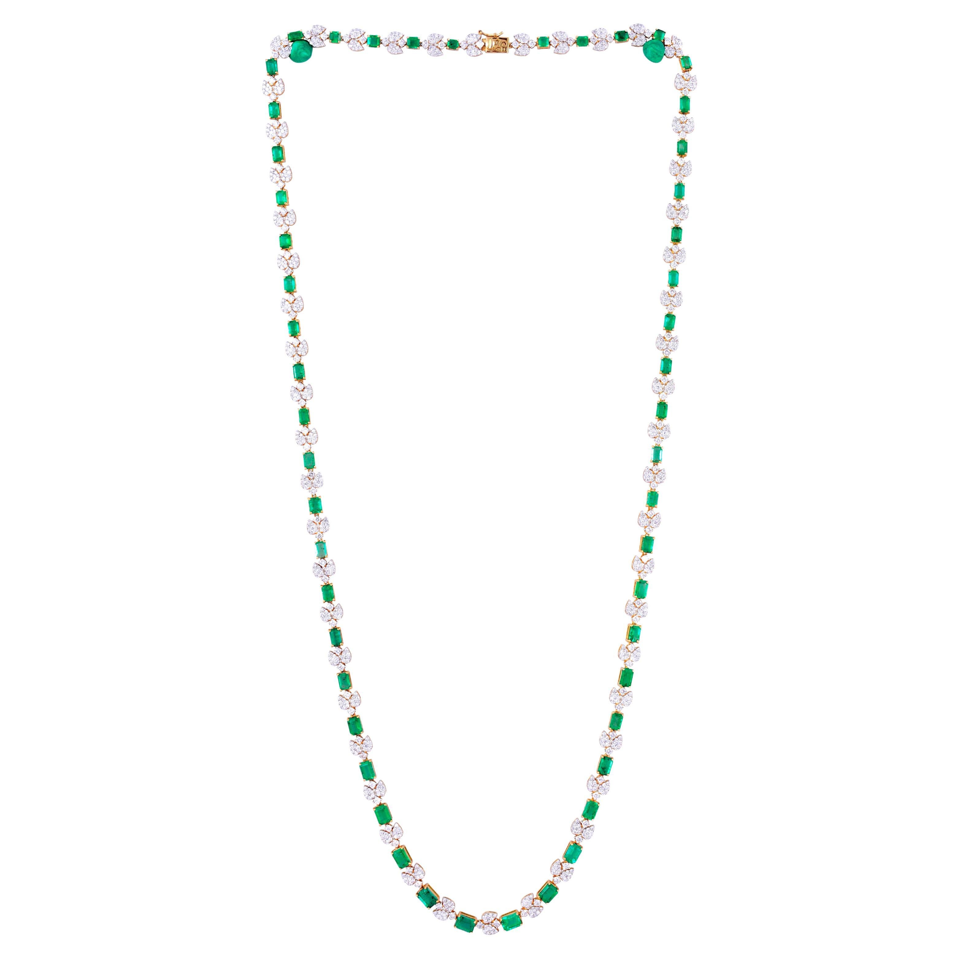Emerald Cut Emerald Gemstone Necklace Diamond Pave 14 Karat Yellow Gold Jewelry For Sale