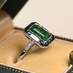 Emerald Cut Emerald Halo Ring (Approx 1.80-Carats) w/ Sapphire-Diamond, Platinum
