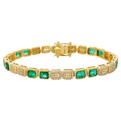Emerald Cut Emerald & Pave Diamonds Tennis Bracelet (5.50ct.) Bezel Setting 14K