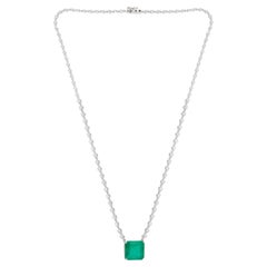 14 Karat White Gold Emerald Cut Emerald Pendant Necklace with Diamonds