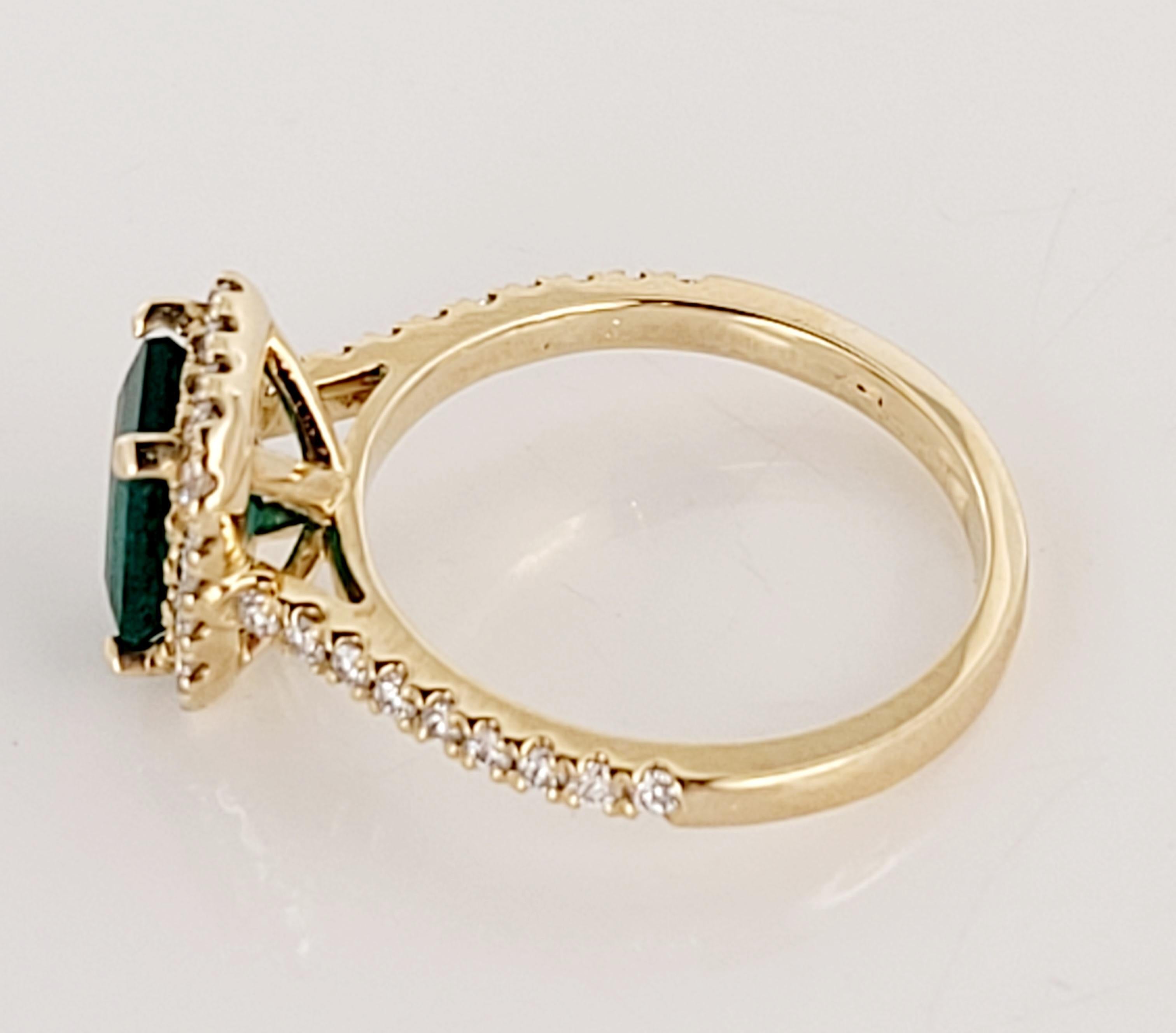 Columbian (Diffused) Emerald Cut Emerald 1.90 carats in total. White Diamond 0.85 carats in total, G color and VS clarity. size 7. Retail Price $3500.

Type: Artisan
Color: Green, Yellow
Stone cut: Emerald Cut
Stone: Emerald
Item size: 7
Item