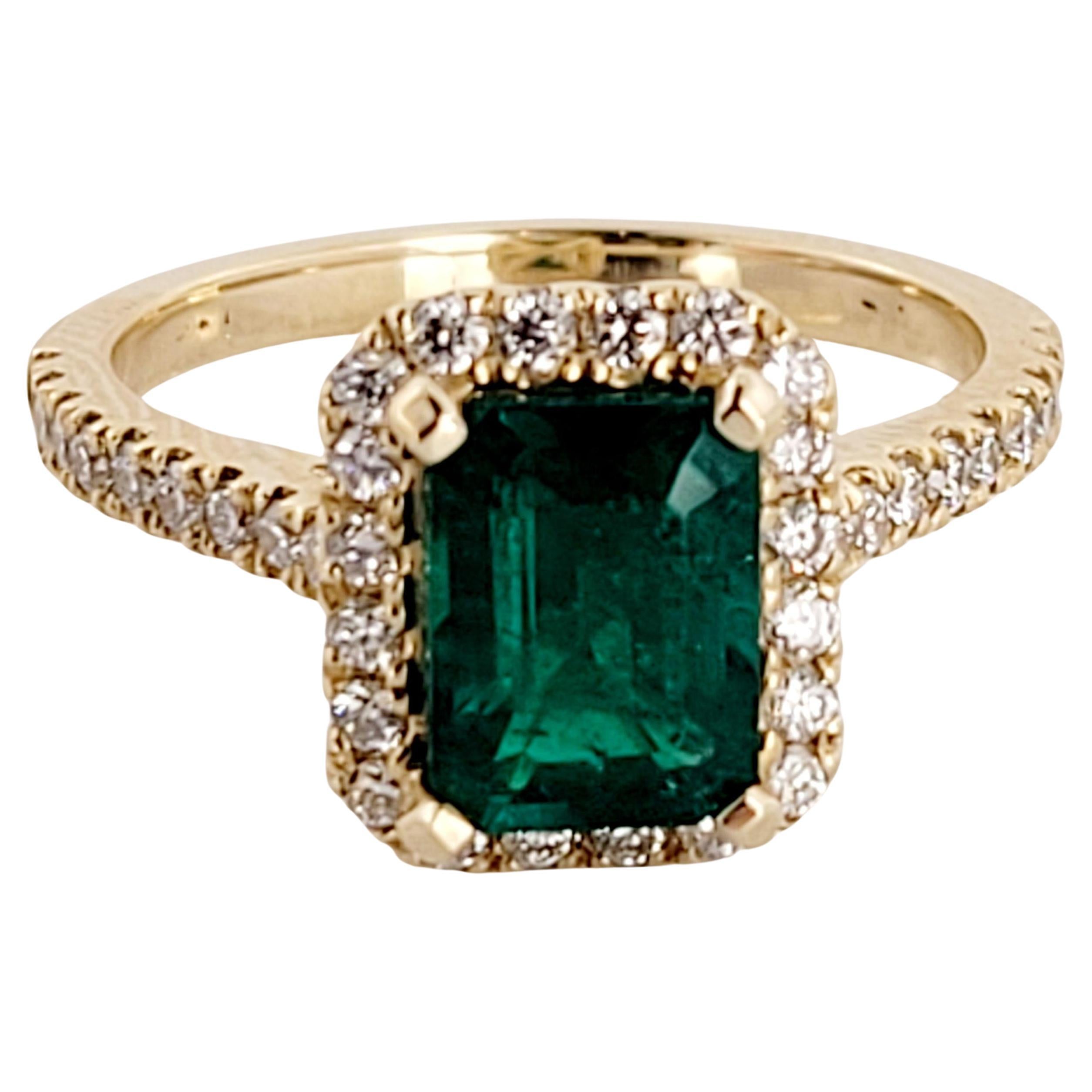 Emerald Cut Emerald Ring with White Diamond and 14K Yellow Gold For Sale