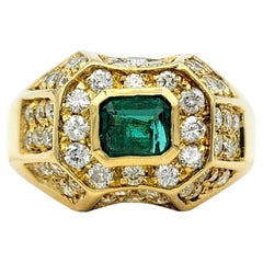 Emerald Cut Emerald & Round Diamond Dome Style Cocktail Ring in 18K Yellow Gold