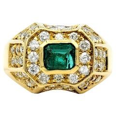 Emerald Cut Emerald & Round Diamond Dome Style Cocktail Ring in 18K Yellow Gold