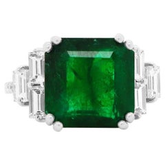 Emerald Cut Emerald White Round and Baguette Diamond Ring 18K White Gold