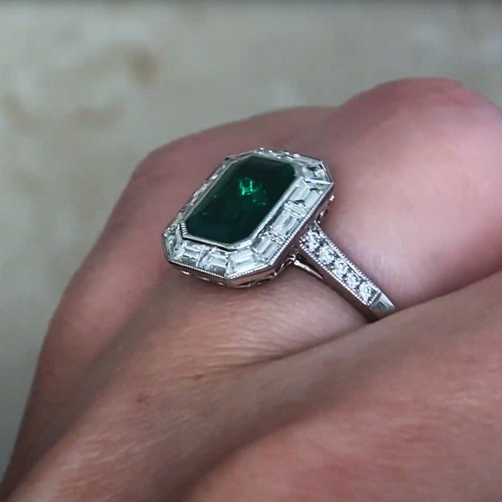 Emerald Cut Emerald with Diamond Halo Ring (Approx. 1.50-Carats), Platinum In Excellent Condition For Sale In New York, NY
