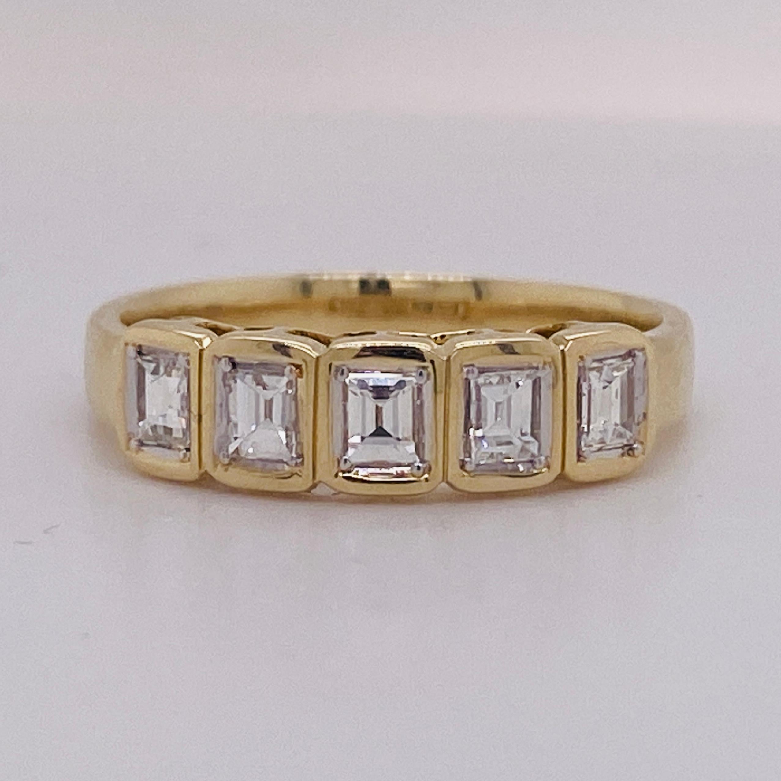 For Sale:  Emerald Cut Five Diamond Bezel Band 0.43 carats 14K Gold Ring Stackable Wedding 5