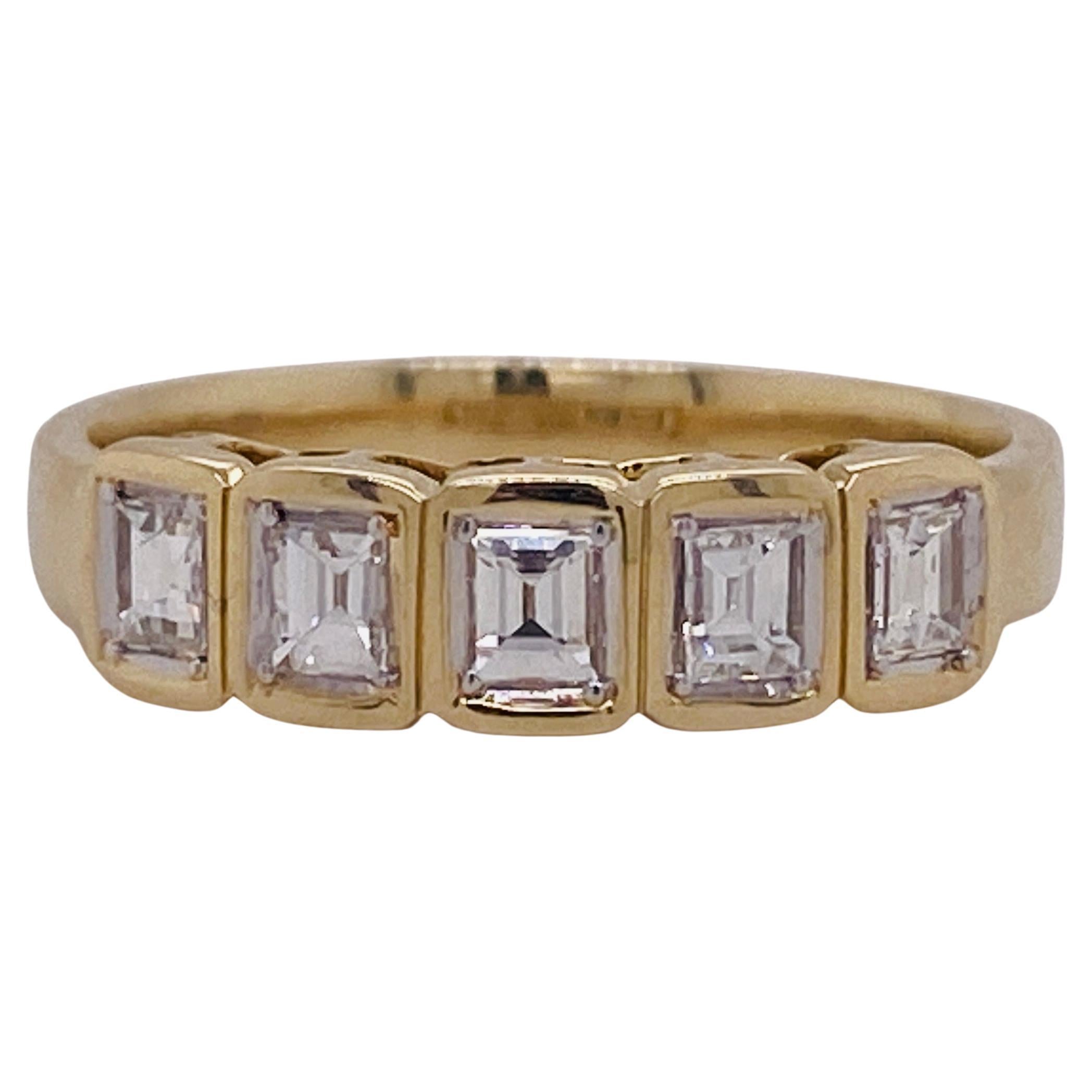 Emerald Cut Five Diamond Bezel Band 0.43 carats 14K Gold Ring Stackable Wedding
