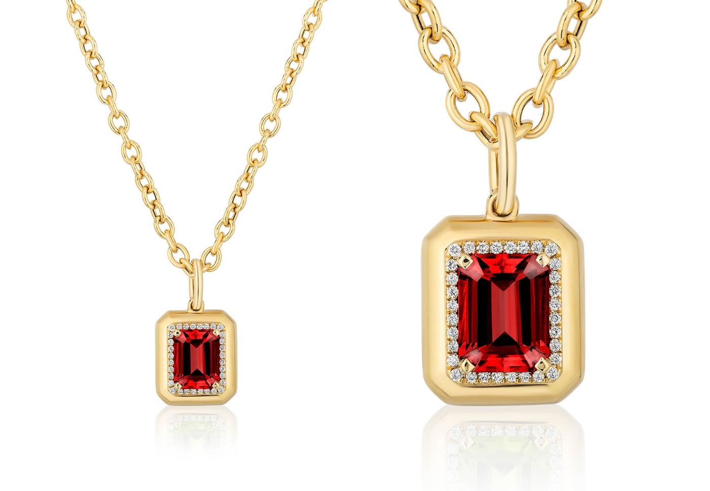 Taille émeraude Pendentif en or jaune 18 carats, grenat taille émeraude et diamants en vente