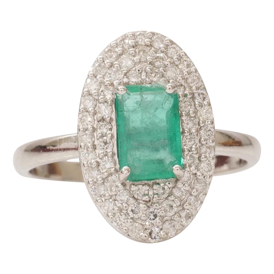 Anello con doppio diamante aureolato con gemma taglio smeraldo in oro massiccio 14k (certificato)