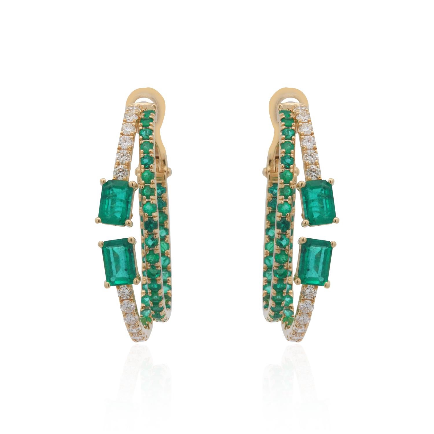 Women's Emerald Cut Gold Fashion Diamond Hoop Earrings 14K Yellow Gold For Sale