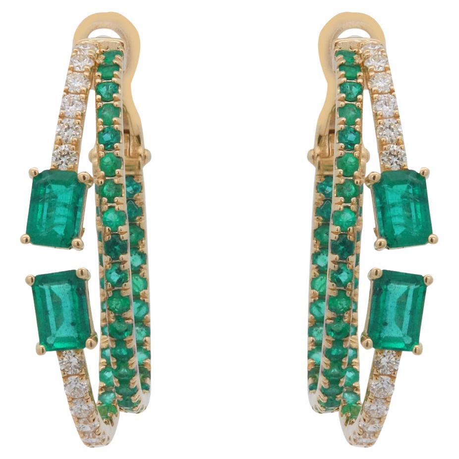 Emerald Cut Gold Fashion Diamond Hoop Earrings 14K Yellow Gold