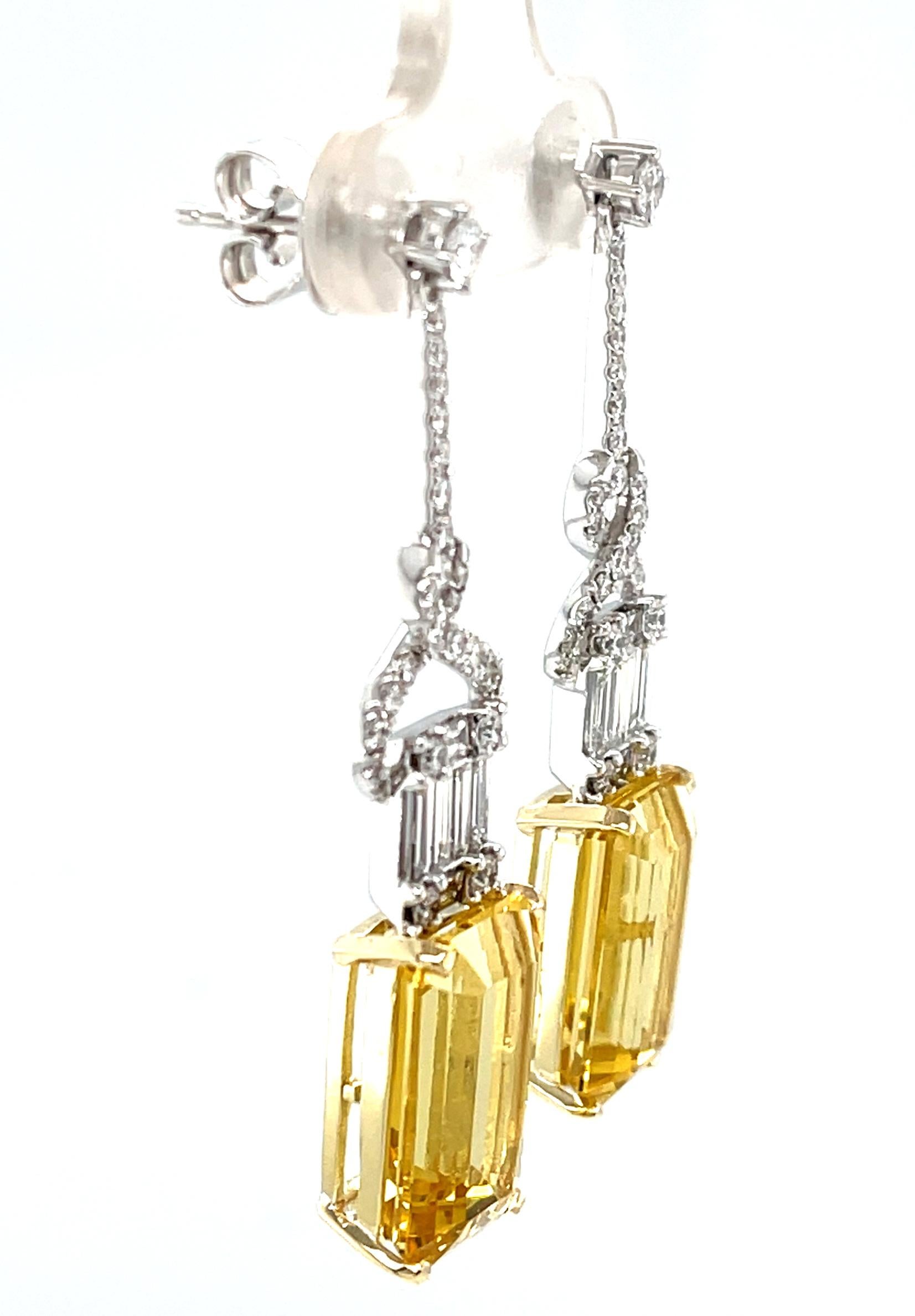 Artisan Emerald-Cut Golden Beryl and Diamond Baguette Dangle Earrings in 18k White Gold  For Sale