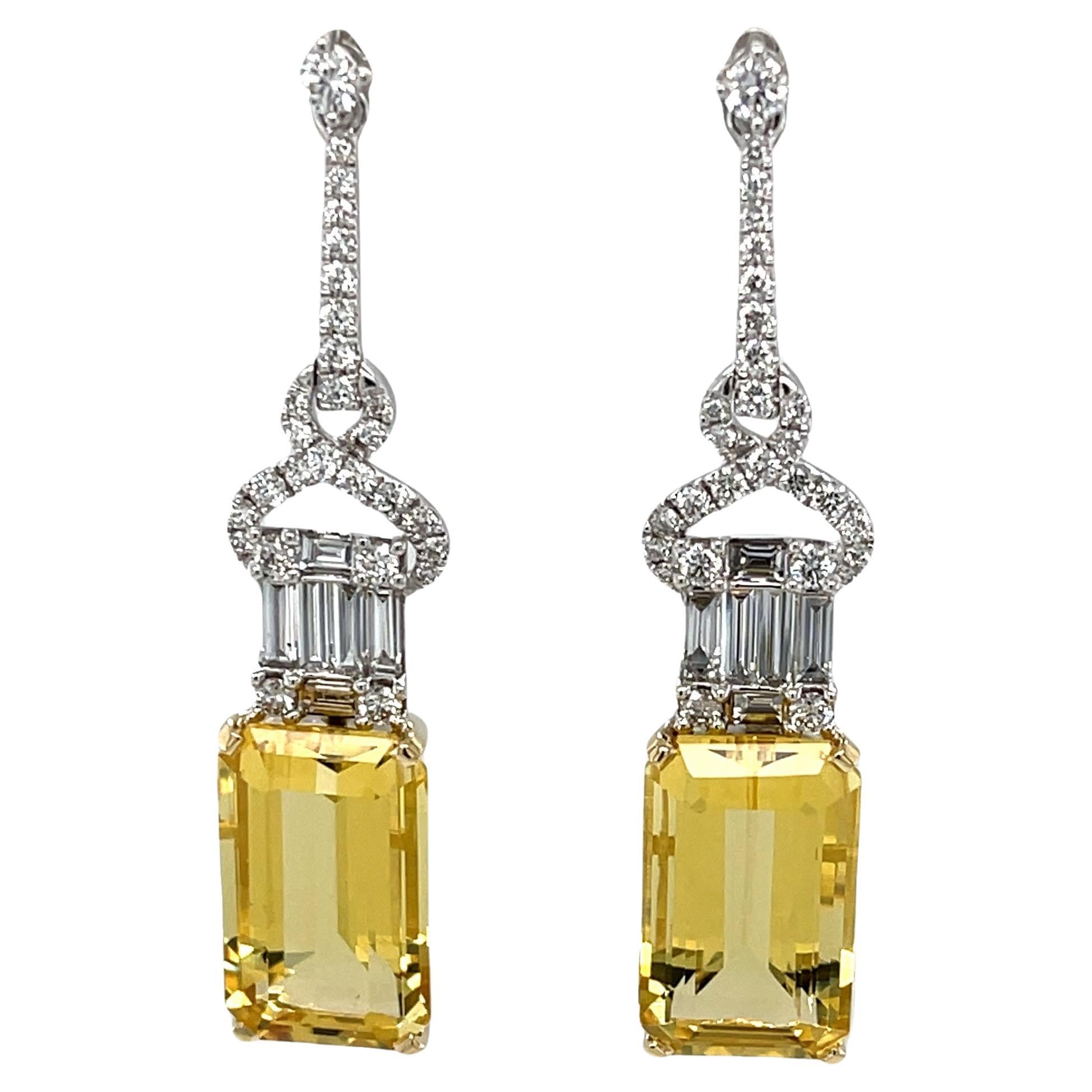 Emerald-Cut Golden Beryl and Diamond Baguette Dangle Earrings in 18k White Gold  For Sale