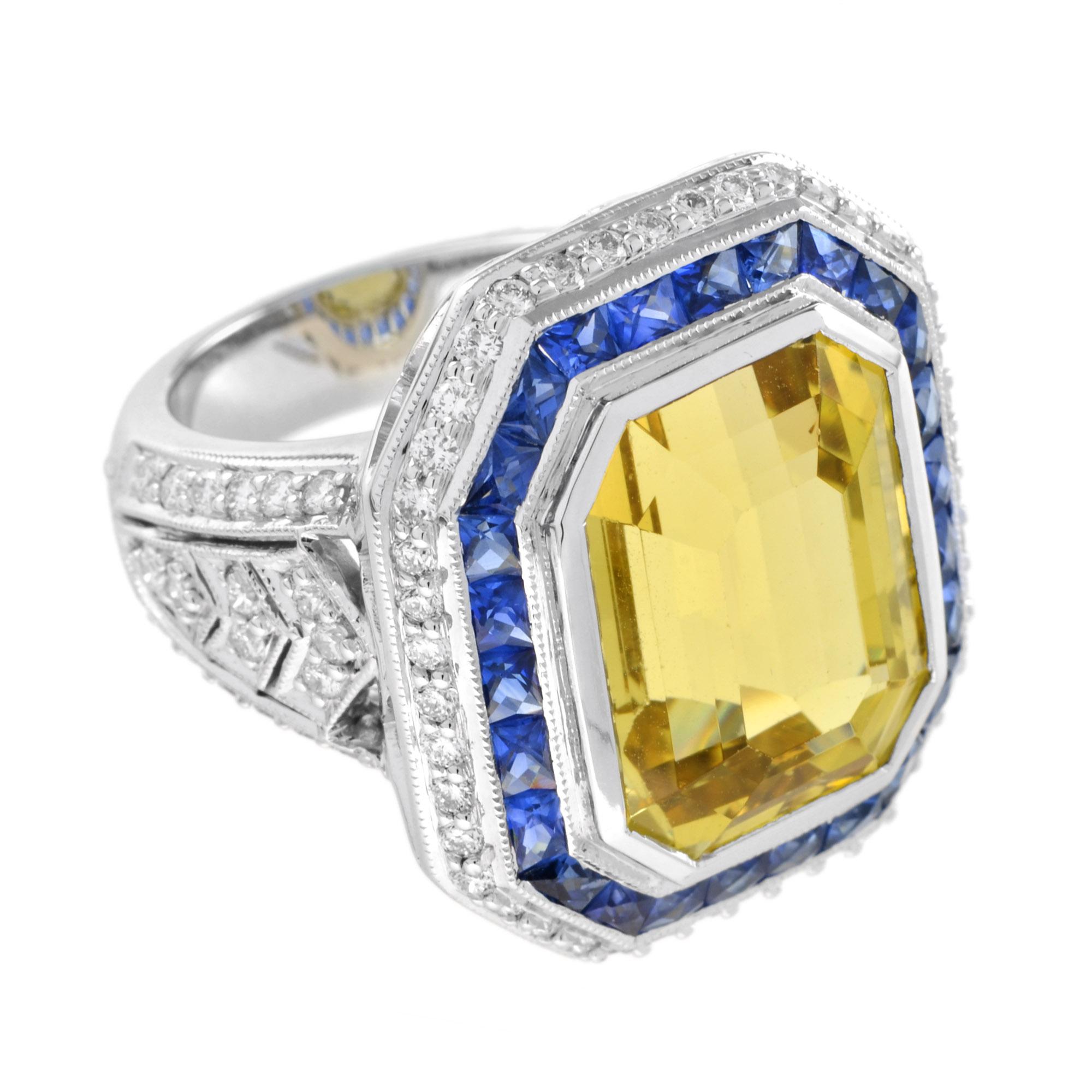 This elegant Art Deco style 14 carats emerald cut golden beryl set in bezel setting. There are 4.84 carats of French cut natural Ceylon Sapphires and 82 round cut diamonds on the frame and shoulders. This one-of-a-kind design ring is striking and