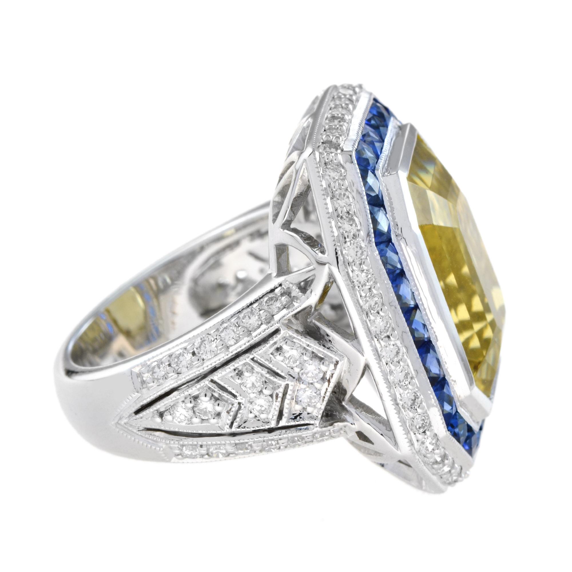 Art Deco Emerald Cut Golden Beryl Heliodor & Blue Sapphire Diamond 14K White Gold Ring For Sale