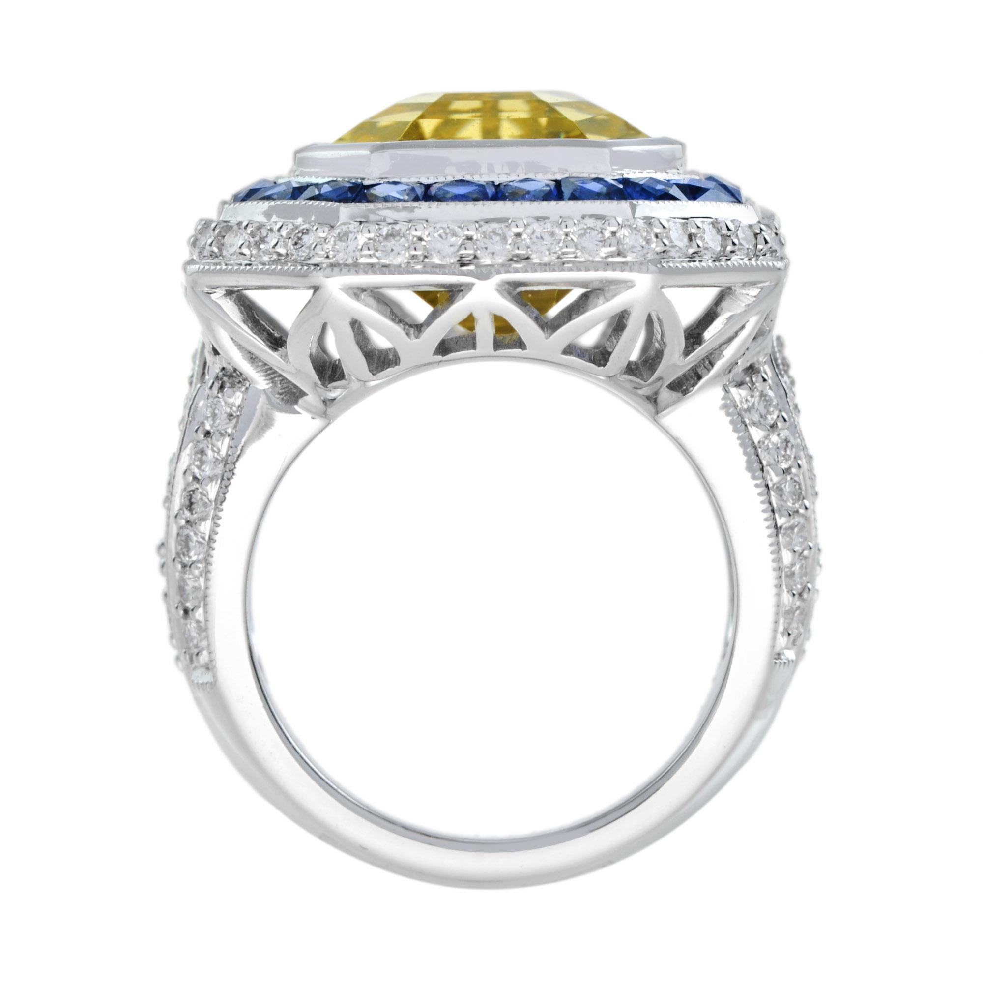 Emerald Cut Golden Beryl Heliodor & Blue Sapphire Diamond 14K White Gold Ring In New Condition For Sale In Oakton, VA