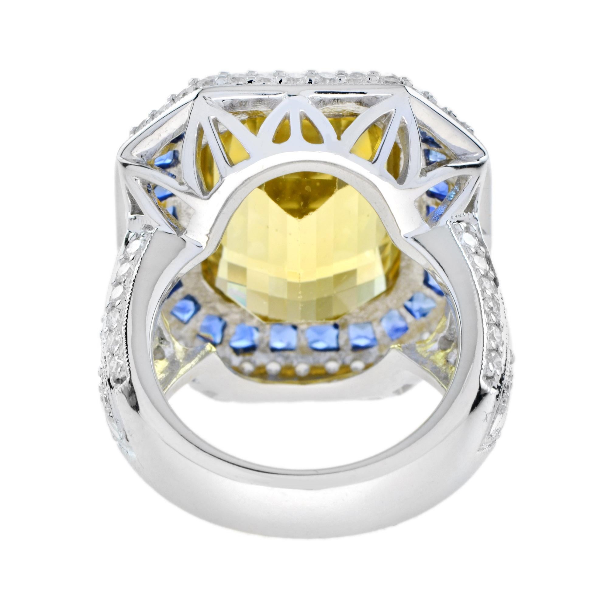 Women's Emerald Cut Golden Beryl Heliodor & Blue Sapphire Diamond 14K White Gold Ring For Sale