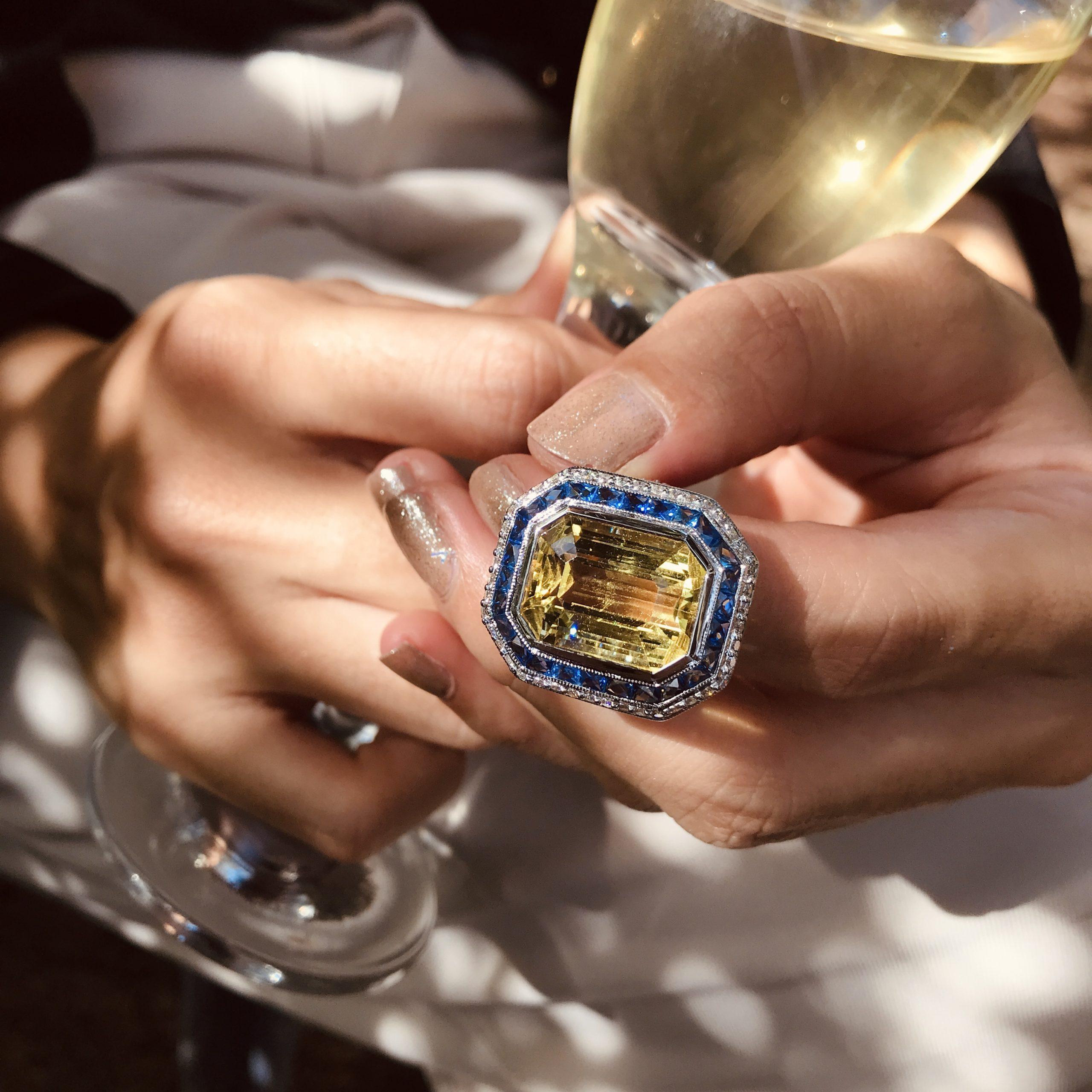 Emerald Cut Golden Beryl Heliodor & Blue Sapphire Diamond 14K White Gold Ring For Sale 2