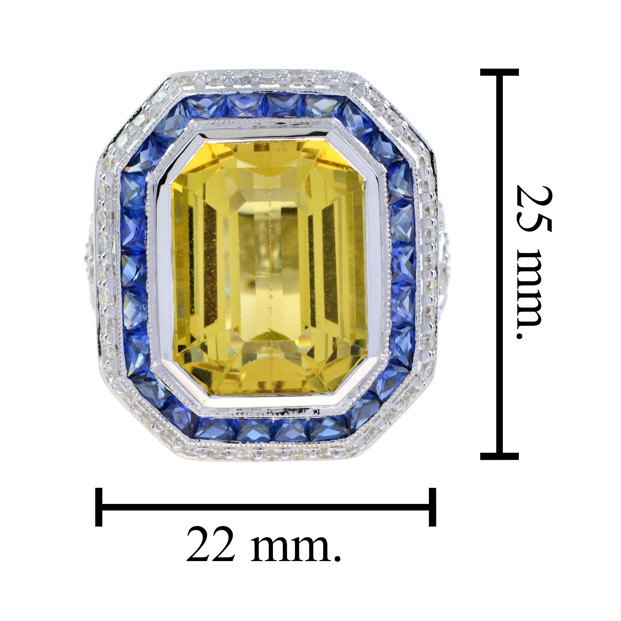 Emerald Cut Golden Beryl Heliodor & Blue Sapphire Diamond 14K White Gold Ring For Sale 3