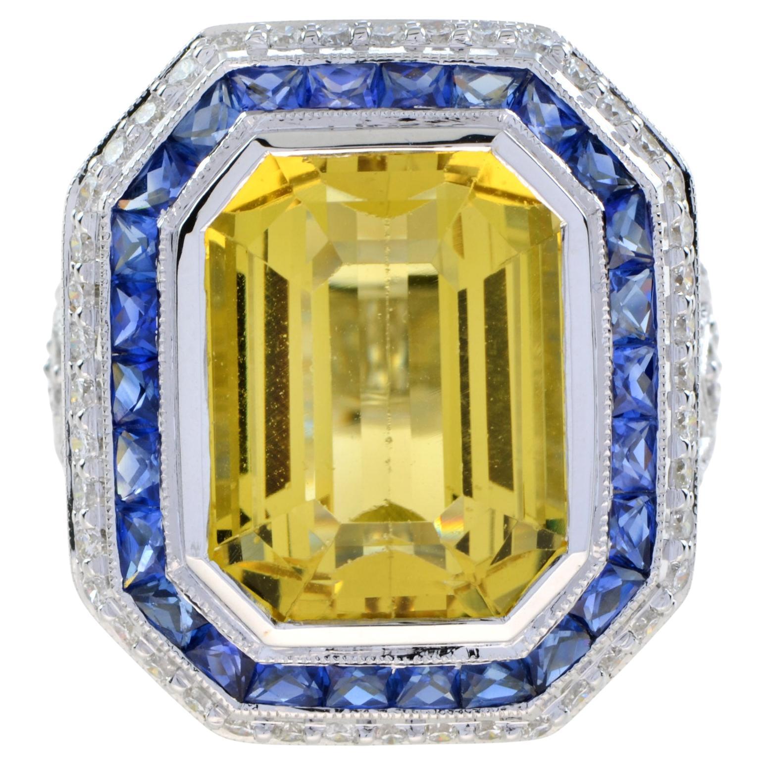 Emerald Cut Golden Beryl Heliodor & Blue Sapphire Diamond 14K White Gold Ring For Sale