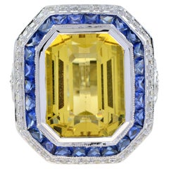 Emerald Cut Golden Beryl Heliodor & Blue Sapphire Diamond 14K White Gold Ring