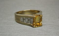 Emerald Cut Golden Beryl Solitaire and Baguette Diamond Pyramid Ring