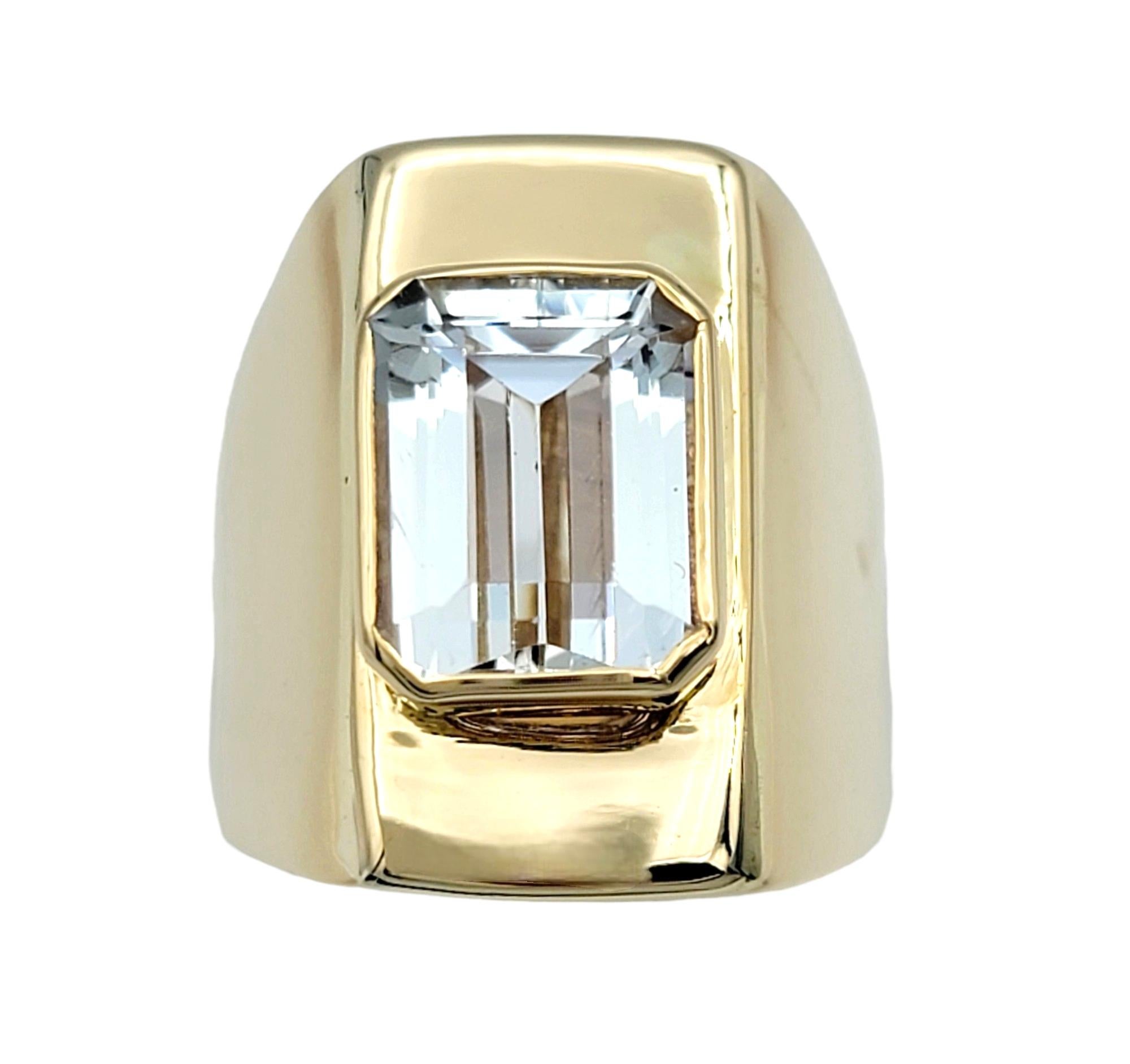 Contemporary Emerald Cut Goshenite Beryl Solitaire Cocktail Ring Set in 14 Karat Yellow Gold For Sale