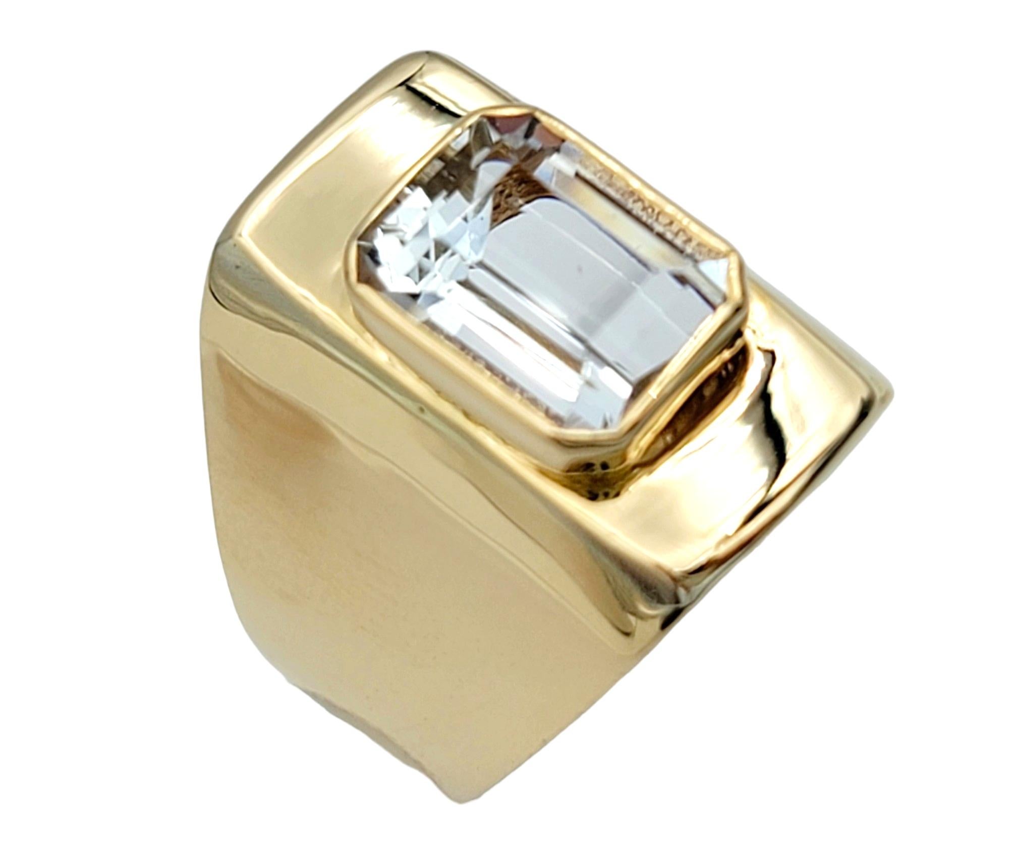 Contemporary Emerald Cut Goshenite Beryl Solitaire Cocktail Ring Set in 14 Karat Yellow Gold For Sale