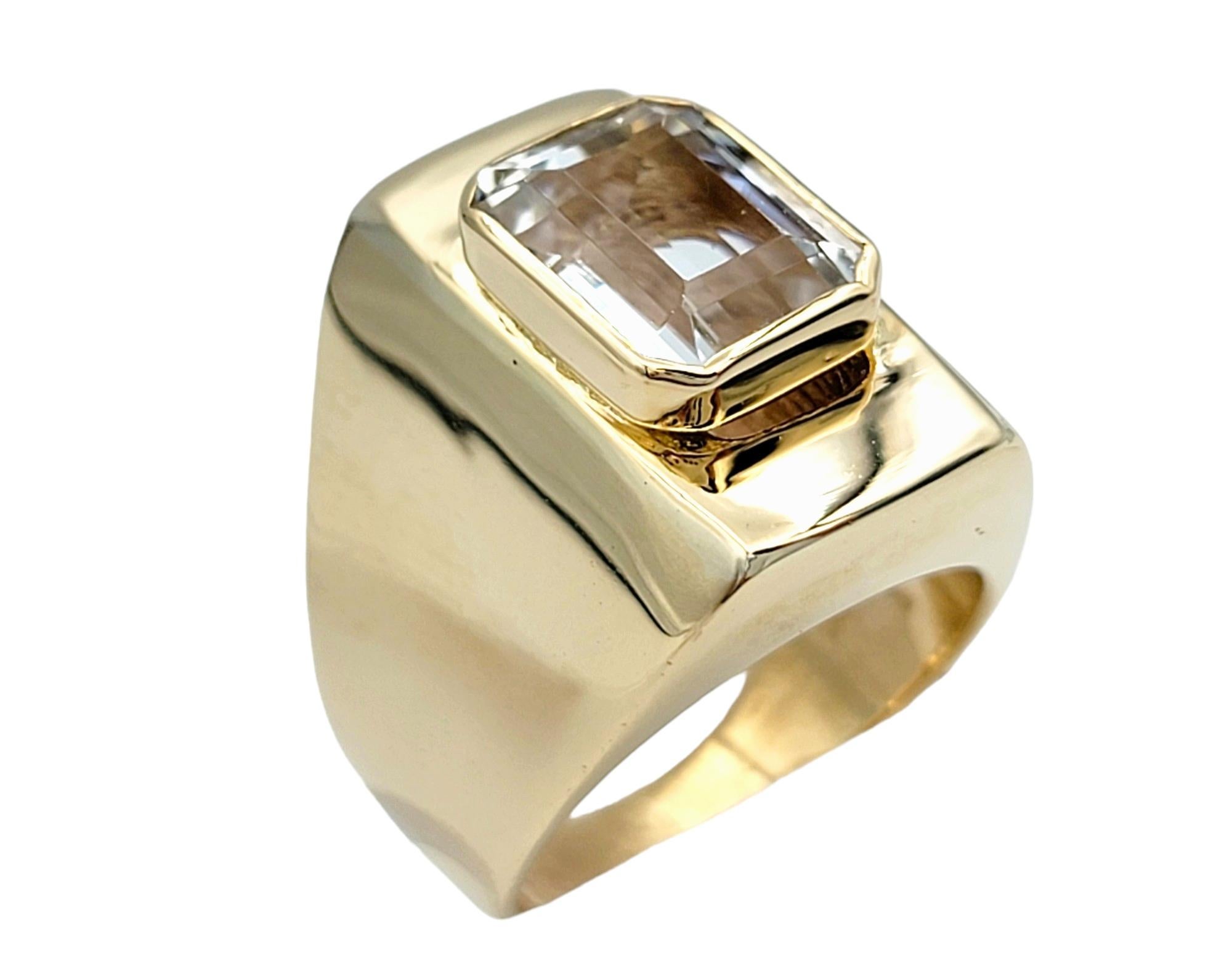 Women's or Men's Emerald Cut Goshenite Beryl Solitaire Cocktail Ring Set in 14 Karat Yellow Gold For Sale