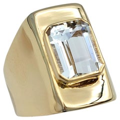 Emerald Cut Goshenite Beryl Solitaire Cocktail Ring Set in 14 Karat Yellow Gold