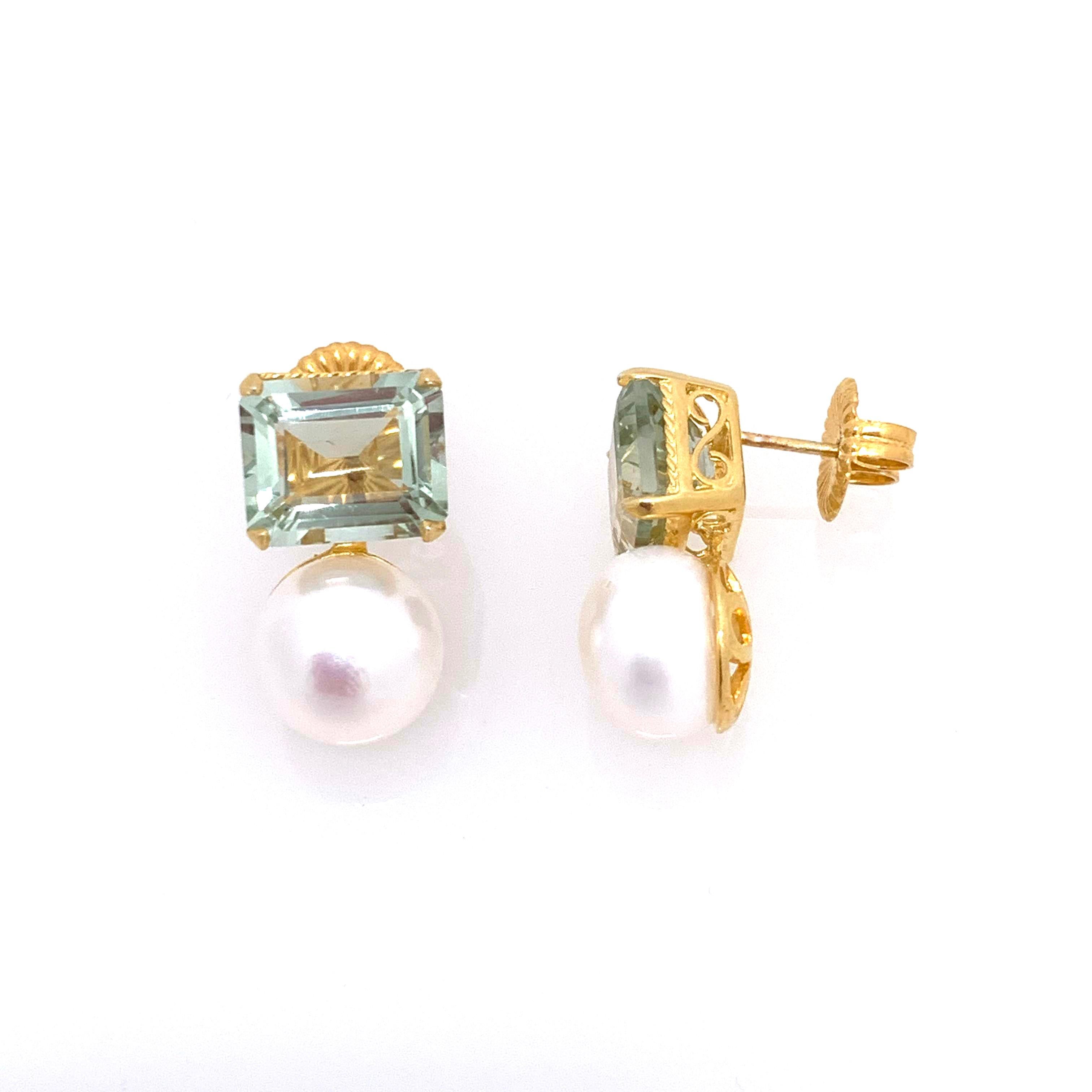 Contemporary Emerald-cut Green Amethyst and Freshwater Pearl Earrings