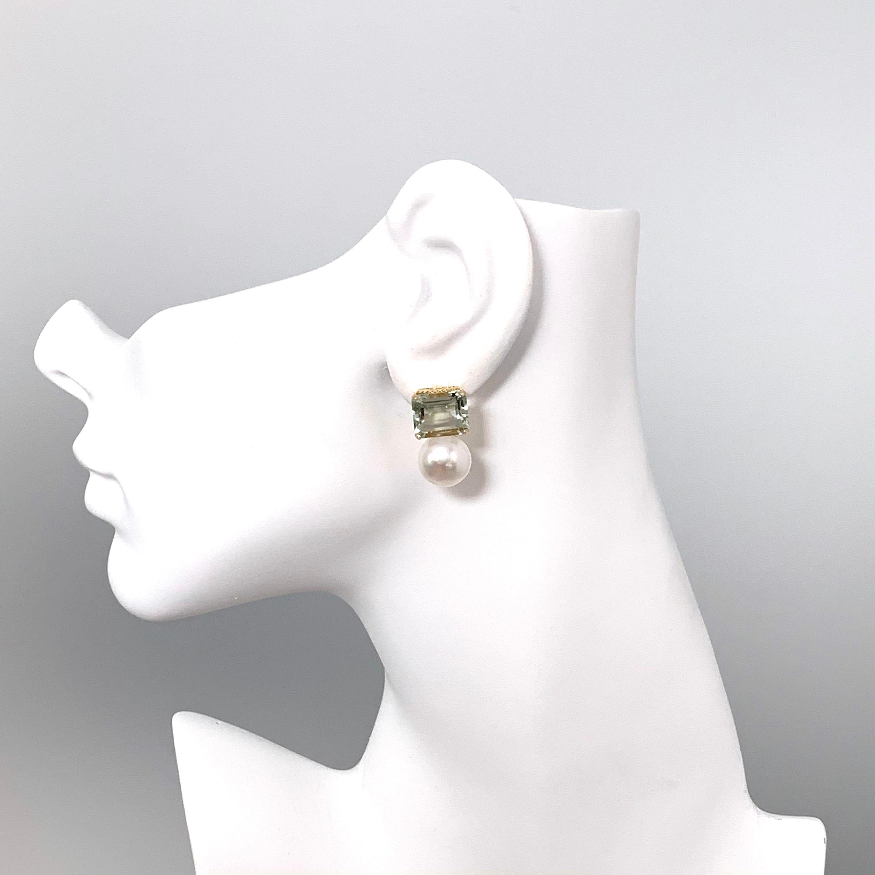 Emerald-cut Green Amethyst and Freshwater Pearl Earrings In New Condition In Los Angeles, CA
