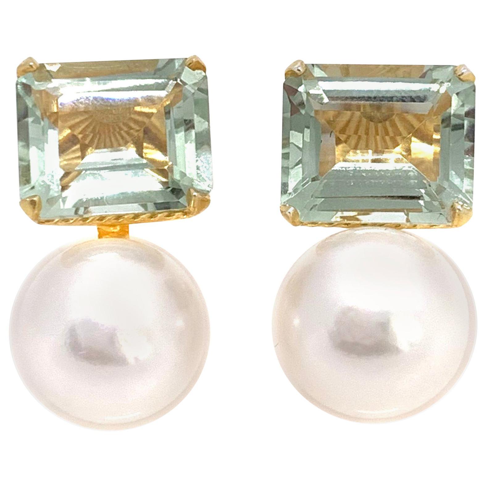 Emerald-cut Green Amethyst and Freshwater Pearl Earrings