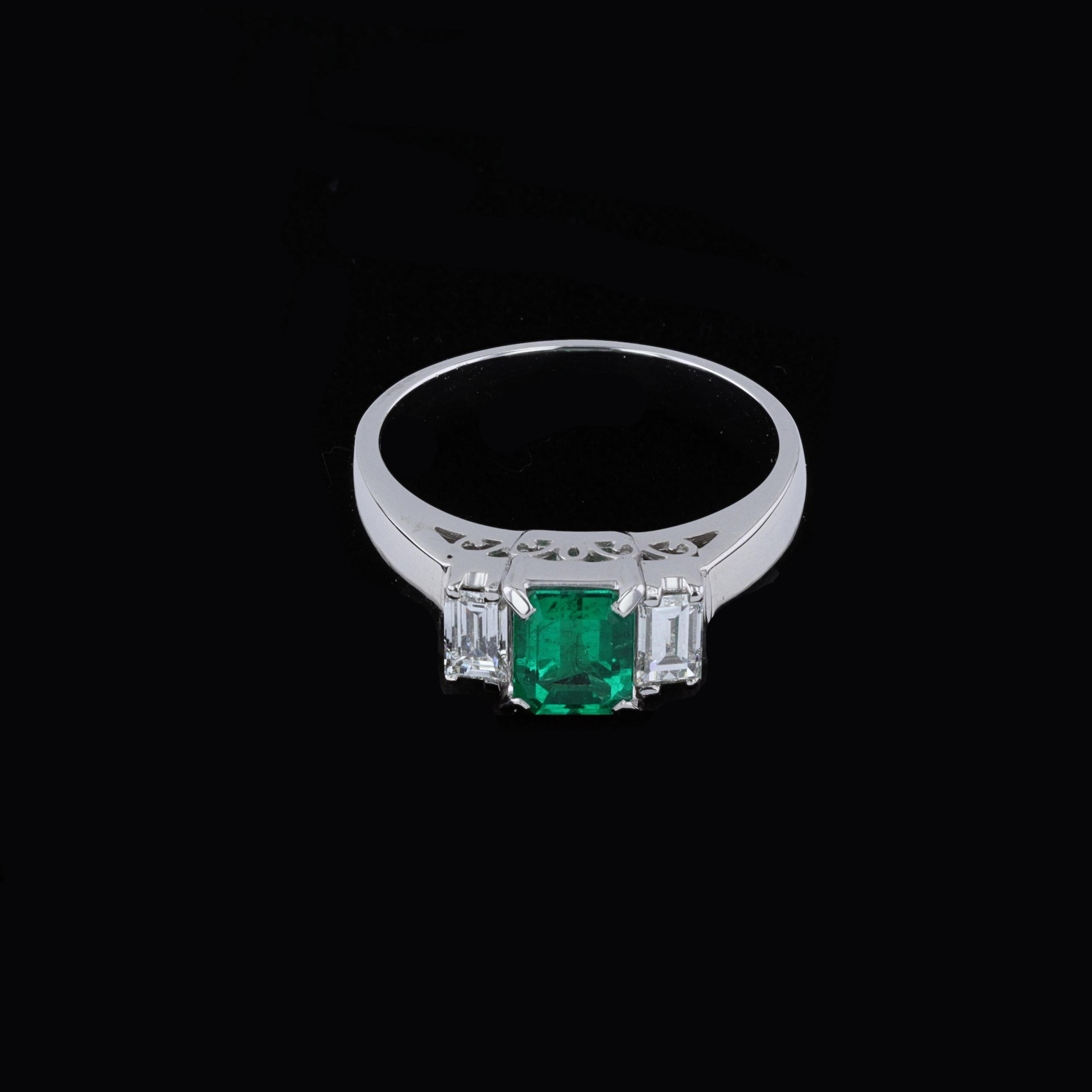 Emerald Cut Green Emerald and Diamond Ring In Excellent Condition In NEW ORLEANS, LA