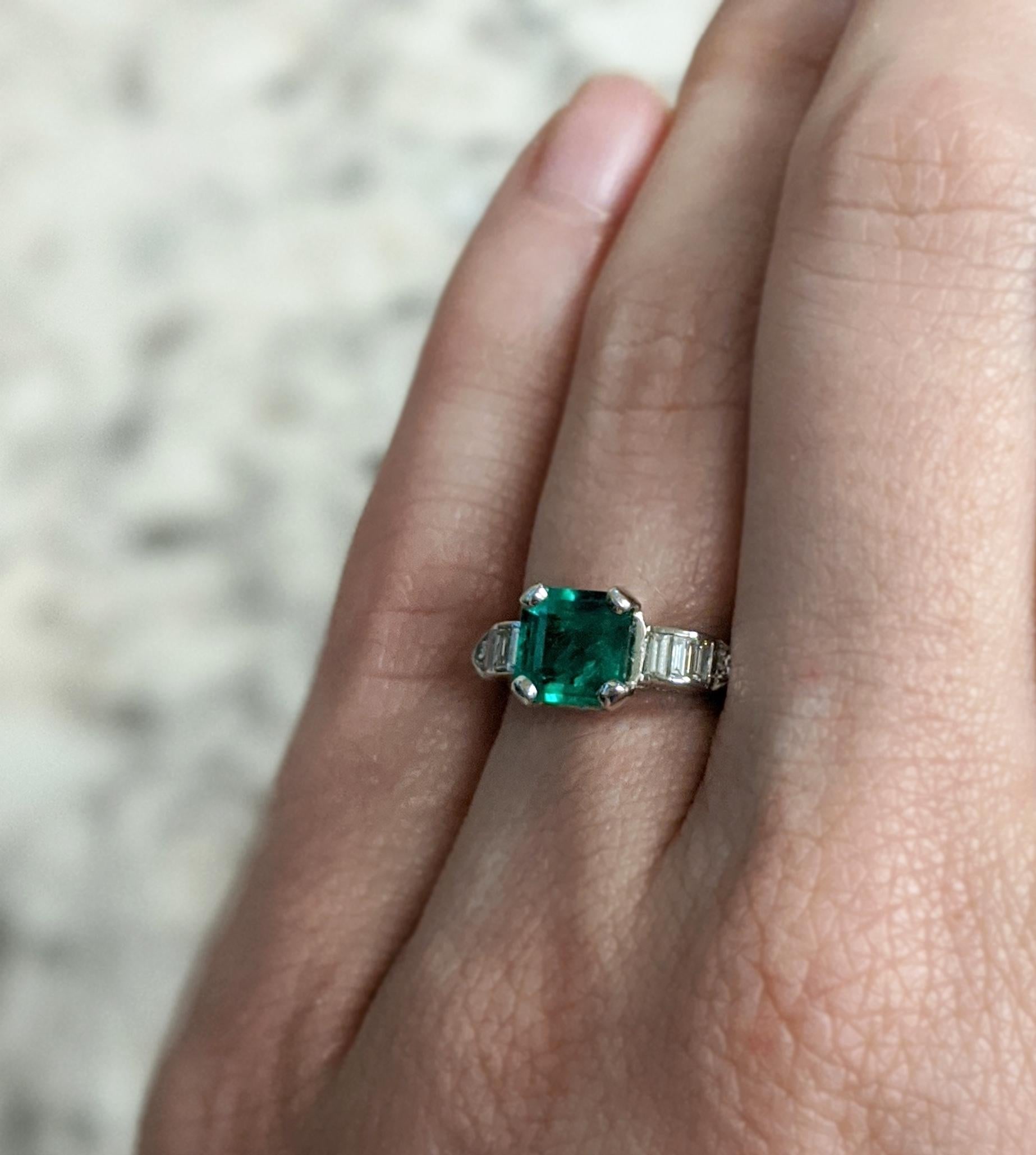 Women's or Men's Emerald-Cut Green Emerald and Diamond Ring